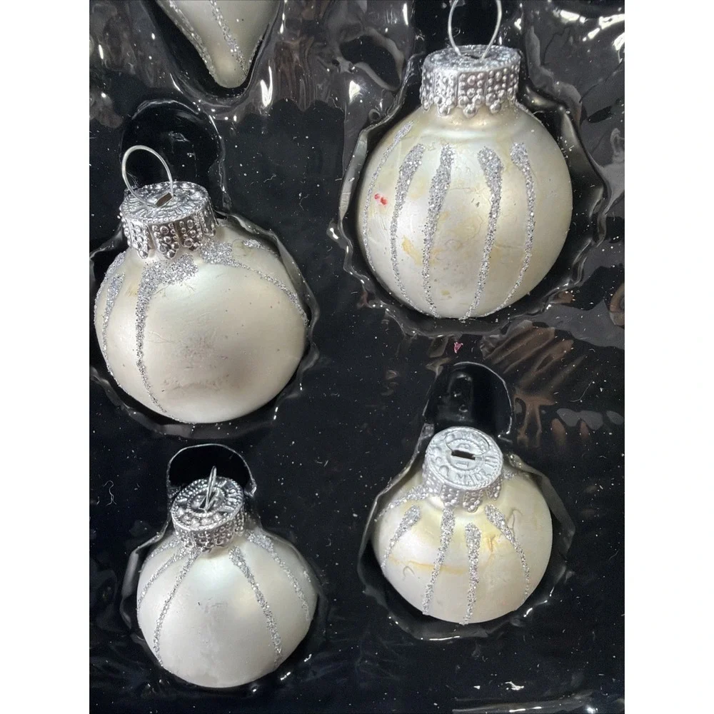 Yule Glass Christmas Ornaments White Silver Glitter In Box Set of 19 Assorted